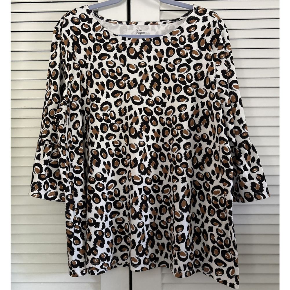 Kim Rogers Perfectly Soft Top 1X Leopard Cheetah Print Bell Sleeve 100% Cotton